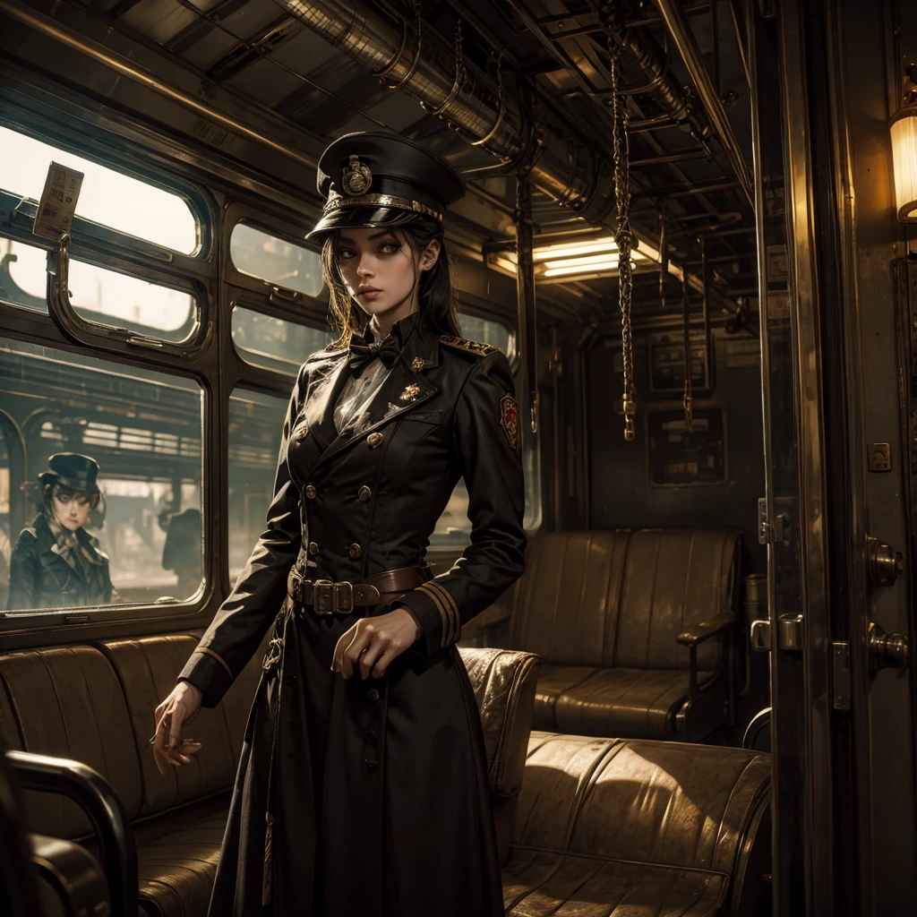 A female zombie conductor in a steampunk railway uniform in the background a sinister and mysterious dilapidated train with a skeletal engineer on board