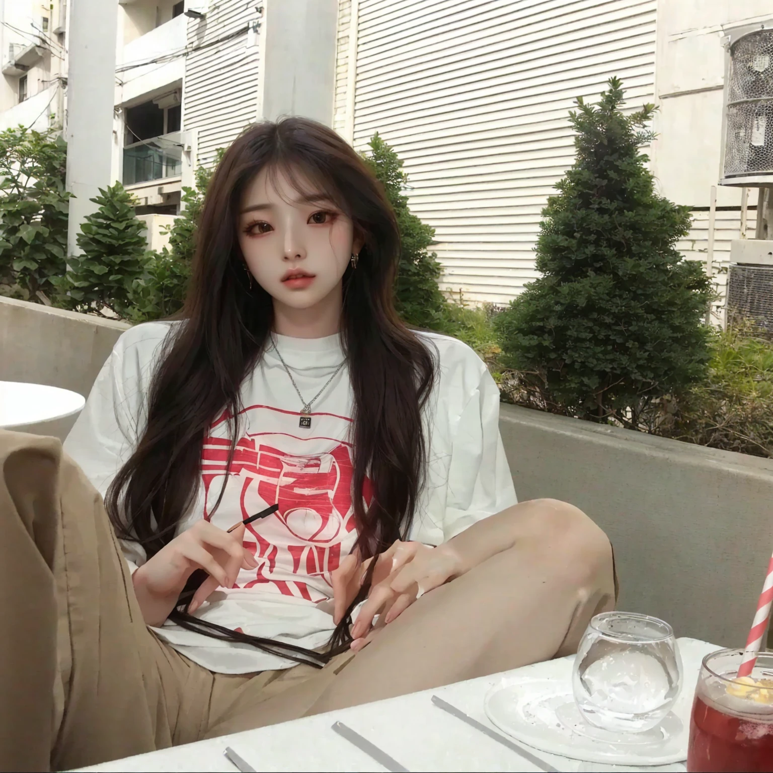 there is a woman sitting at a table with a drink and a cell phone, with long hair, she is wearing streetwear, ulzzang, heonhwa choe, with ripped crop t - shirt, 3 colour, jaeyeon nam, bae suzy, gongbi, asian girl with long hair, korean women's fashion model, with long dark hair, korean girl