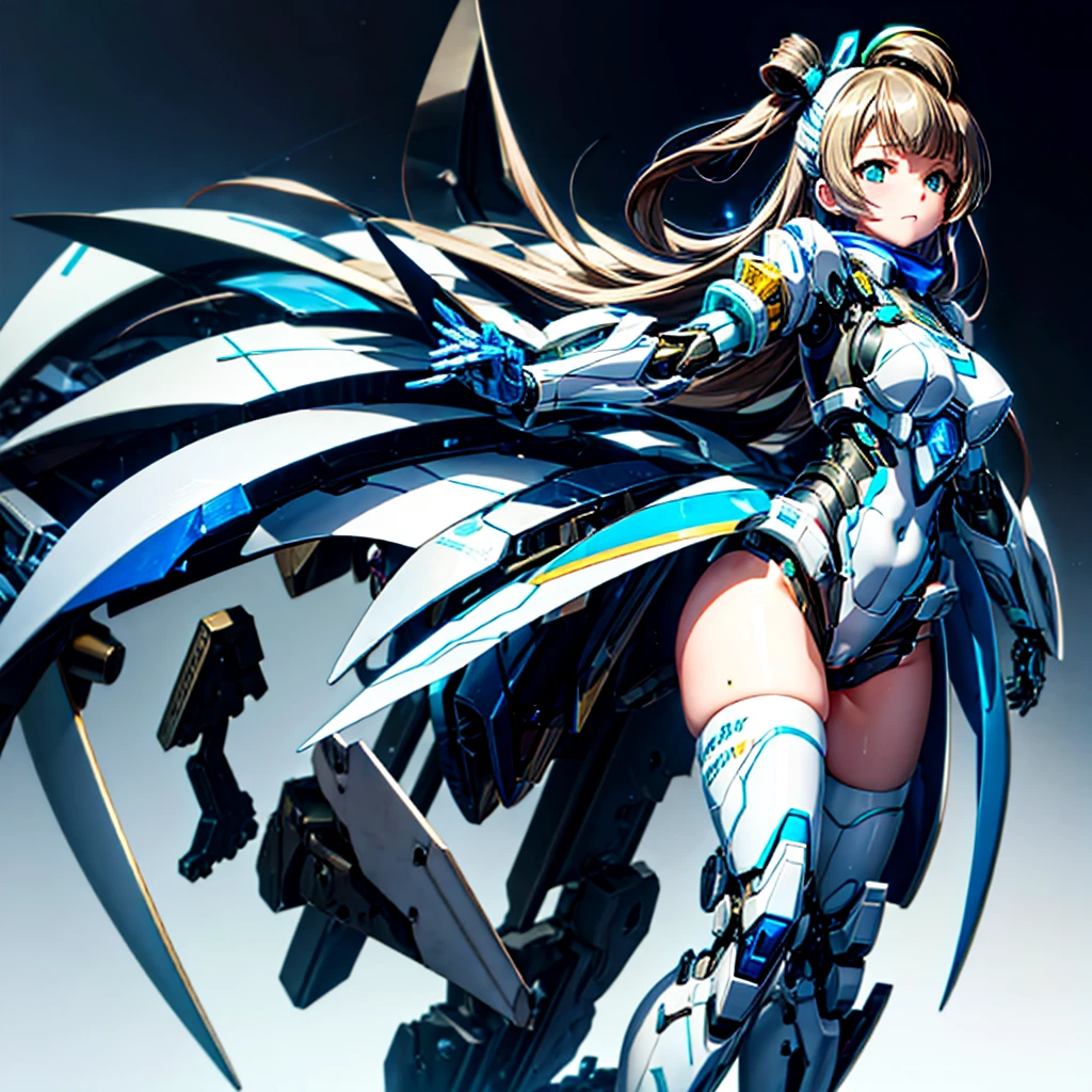 masterpiece, high quality, Cyborgization、Destroyed gynoid cyborg body、The face is of Minami Kotori.、mechanical parts、Blue and white leotard armor、solo focus、Single image、from front, full body、Mechabare、The body is destroyed, exposing the precision machinery、Barcode on thigh、Inside the Institute、The repair being carried out