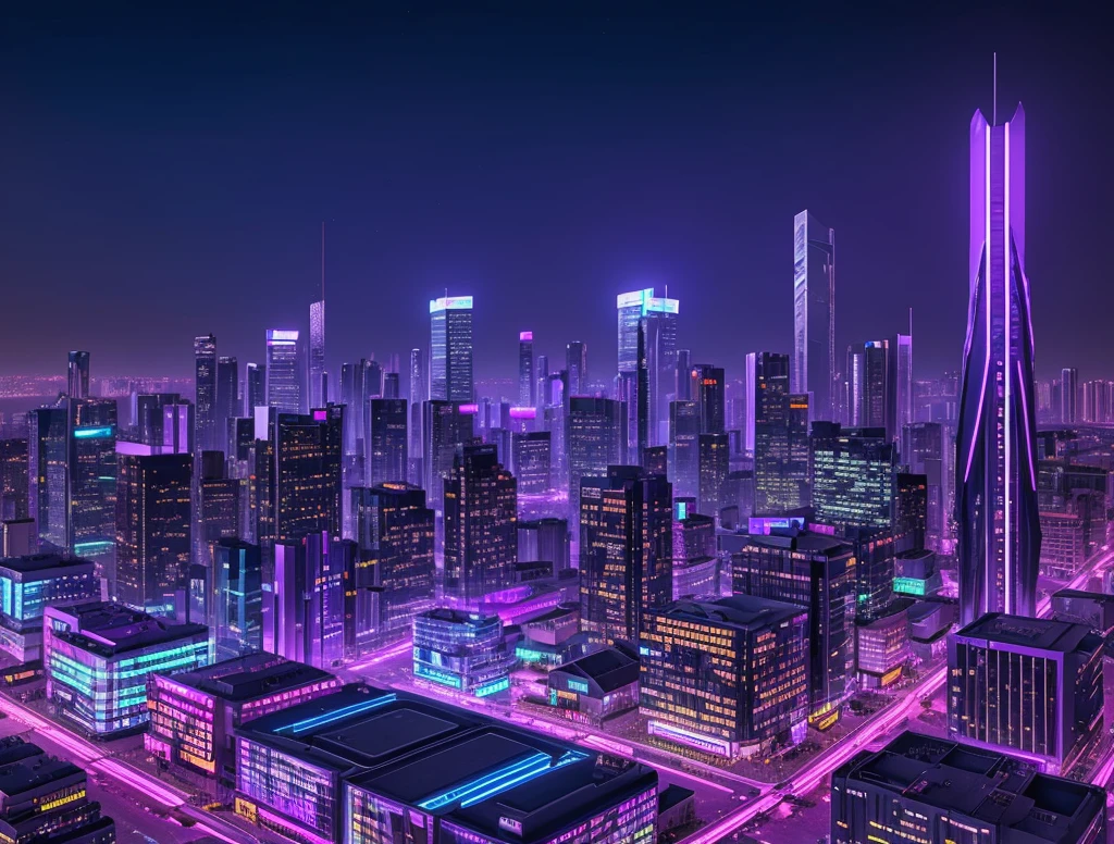cyberpunk city, neon light, ight, HDR, futuristic building, purple light, purple moon, purple theme