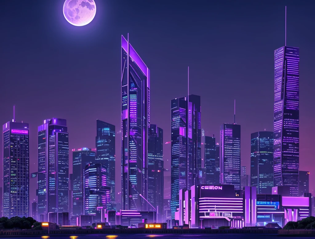 cyberpunk city, neon light, ight, HDR, futuristic building, purple light, purple moon, purple theme