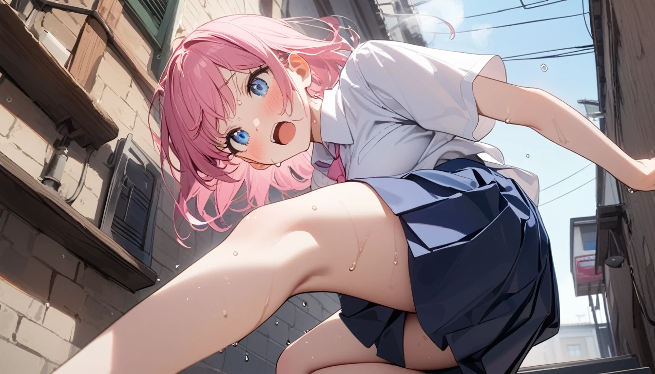 (1 girl),(Best Picture Quality, 8K, Masterpiece:1.3), (high school student:1.5), (pink lob hair), (bumpy hair), (slant skyblue eyes), ((school uniform, white short simple sleeve shirt, darkblue skirt, pink tie)), (super clear:1.5), (glistening skin:1.1),(pale skin:1.1), (looking ahead:1.3), ((from below:1.3)),(Jump from the top of the stairs in an alley in town), (jumping:1.3),(panicking),(sweat:1.3),(steam:1.2),
