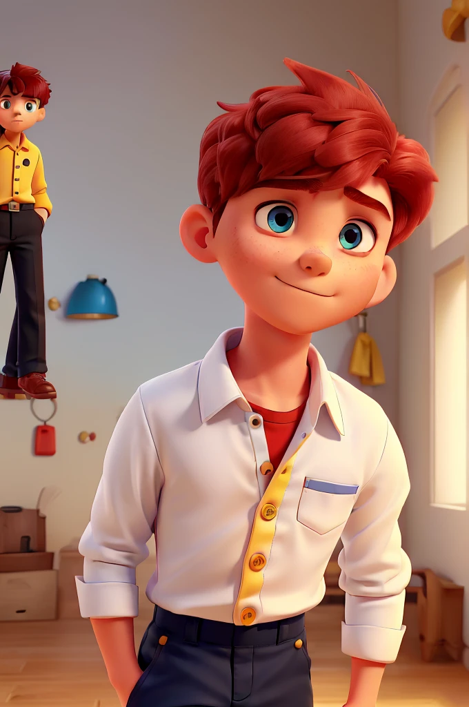 , ((1 adult boy without a beard)), ((tomboy hair with red color)), ((blue eye)), ((black shirt with long sleeves closed, with yellow buttons and white shirt collar,)) ((a light-skinned boy)) ((with white pants)) ((and brown shoes))((de corpo inteiro))