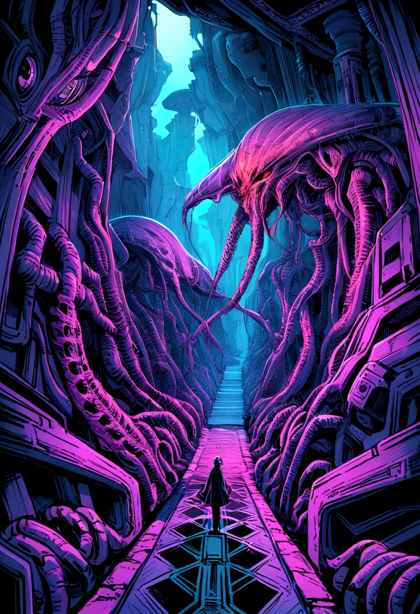 giger, biomechanic, surreal, lovecraftian, spaceship interior corridor, wide angle, for TECHNO HARDCORE