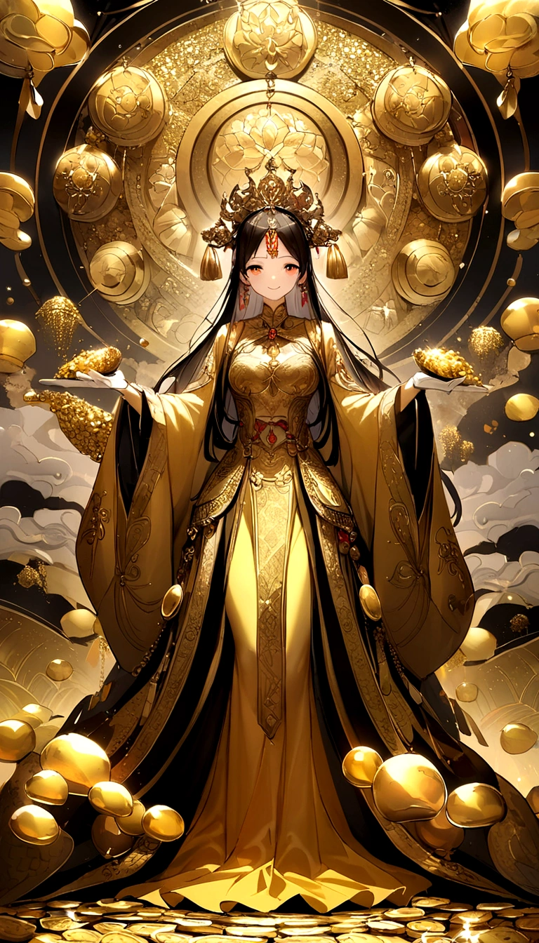 Smile Charity,Chinese God of Wealth holding a pile of gold coins,Classical Gold God of Wealth,Dressed in gorgeous dragon robes,Holding a gold ingot,Stepping on the auspicious clouds,Behind is the magnificent palace,Surrounded by gold and silver treasures,Meaning of wealth and good fortune,The picture is bright and eye-catching。