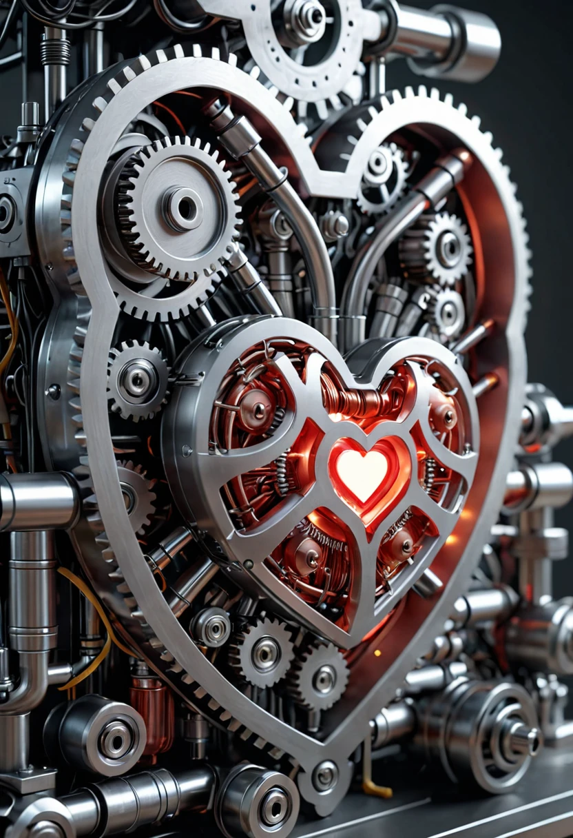 detailed intricate beautiful heart-shaped energy battery, highly detailed scientific industrial machinery, realistic 3d render, photorealistic, 8k, ultra detailed, extremely detailed gears and components, complex futuristic technology, glowing energy orbs, dynamic lighting, cinematic composition, dramatic lighting, volumetric fog, depth of field