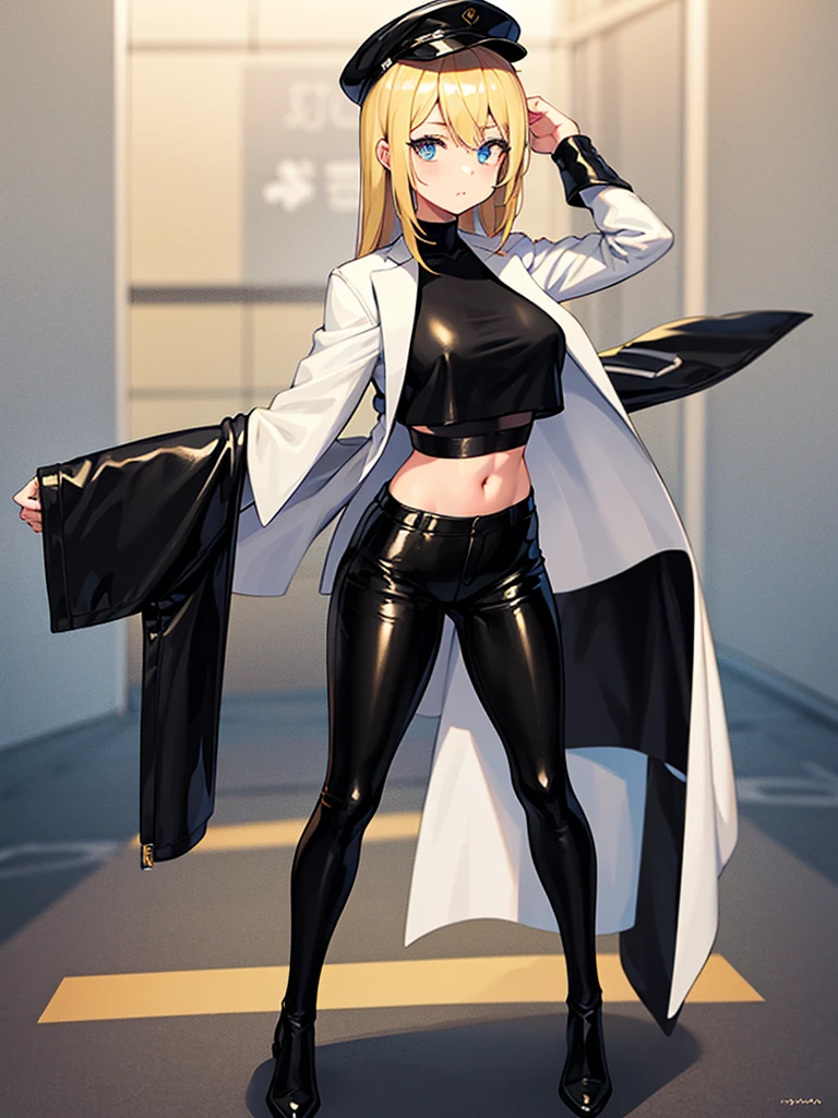 A blonde girl, pretty girl, standing, wearing black leather crop top, wearing black leather pants, wearing white long overcoat, wearing a cap on head, pretty, blonde girl, full view, beautiful