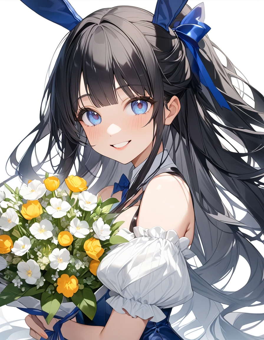 (Highest qualityのイラスト、Simple white background:1.2), (pretty girl:1.1), (1 girl、17 years old、), (1 girl、Kind eyes、blue eyes)、Black Hair、Semi-long hair、bangs、(Highest quality、Very detailed、Ultra-high resolution) 、Black Hairの美少女、smile、Bunny girl、Bunny ears、Black leotard、Larger breasts、holding a big bouquet、Upper Body