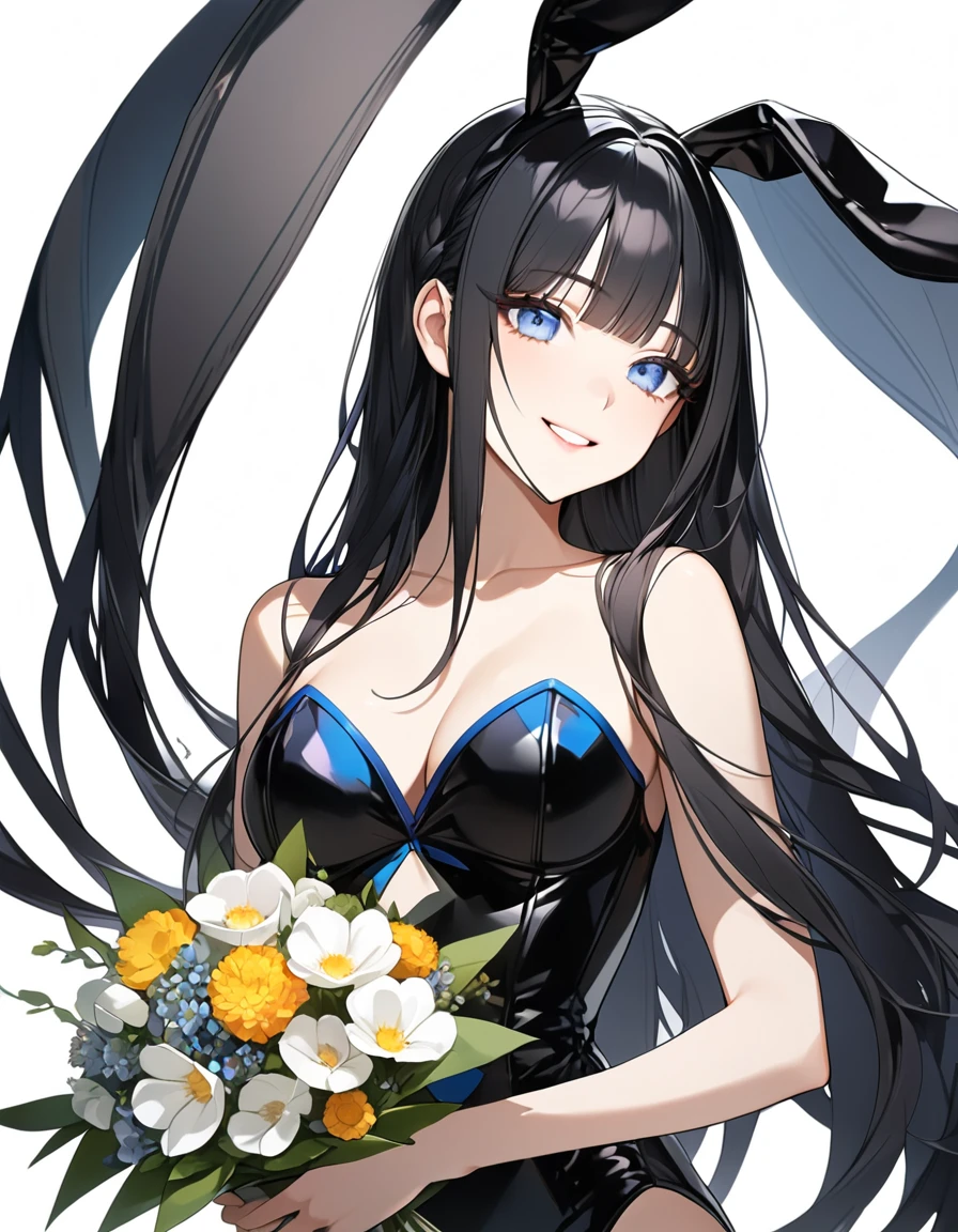 (Highest qualityのイラスト、Simple white background:1.2), (pretty girl:1.1), (1 girl、、), (1 girl、Kind eyes、blue eyes)、Black Hair、Semi-long hair、bangs、(Highest quality、Very detailed、Ultra-high resolution) 、Black Hairの美少女、smile、Bunny girl、Bunny ears、Black leotard、Larger breasts、holding a big bouquet、Upper Body