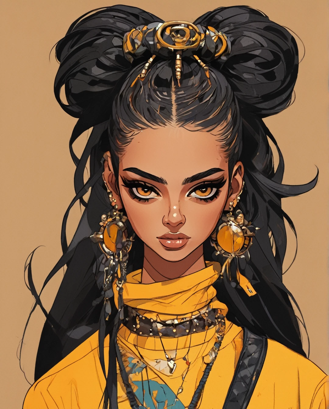 A rebellious Saudi Arabian woman, her black hair styled into a punk rock inspired look, complements her brown eyes and light brown tan skin. The image, possibly a vibrant painting, captures her bold and unique style with precision. Every detail, from her edgy clothing to her unconventional appearance, exudes an air of confidence and individuality. The high quality of the image allows viewers to truly appreciate the essence of her unconventional beauty and self-expression