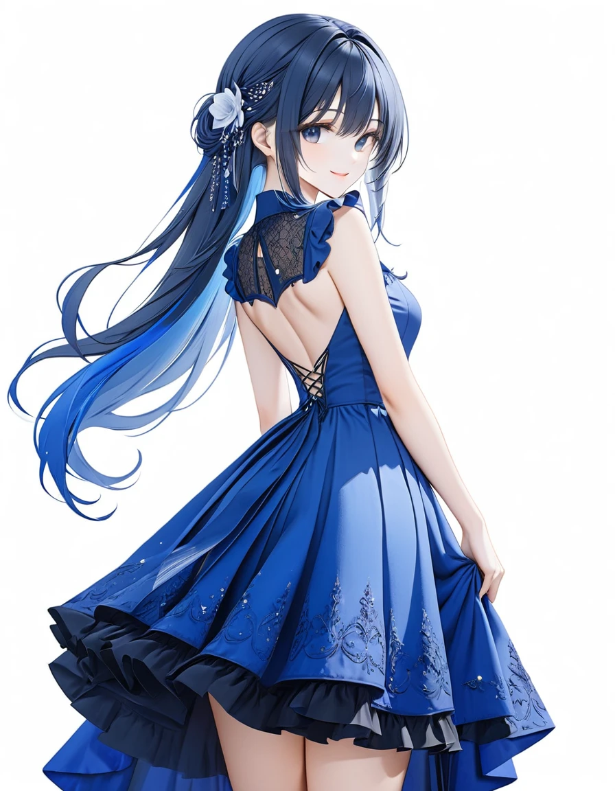 (((White background:1.5)))、(very wide shot)、(masterpiece、Ultra HD、Highest quality、Masterpiece、4K:1.2)、Slender body,Scandinavian Metal Girl, Intricate details, Highly detailed eyes, Highly detailed fingers、Blue semi-long hair、Blue Gothic Dress, Are standing、smile、happiness、whole body、(((look back:1.5)))