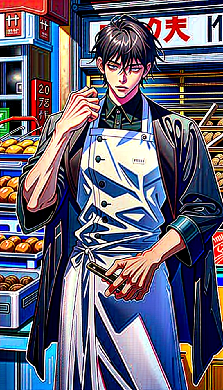 A handsome young man with black hair, dressed in a professional chef's outfit, is standing at a bustling street food stall. He is focused and skillfully preparing a delicious dish, with various cooking utensils and ingredients around him. The background features a vibrant market scene with other food stalls, colorful signs, and a crowd of people eagerly waiting for their food, emphasizing his dedication and expertise in the culinary arts.