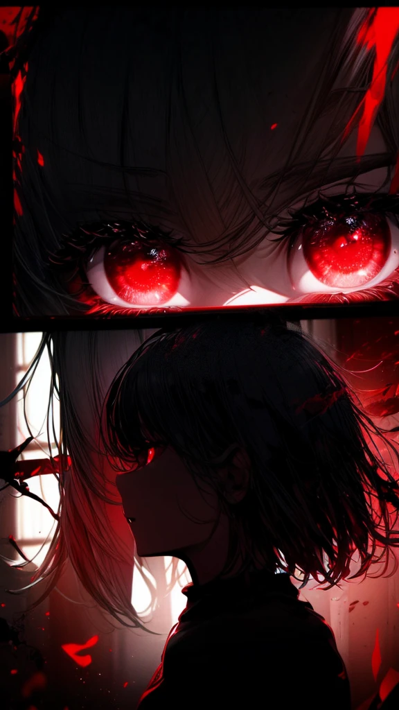 a woman with red eyes stands in front of a window, beautiful eyes are visible on a large monitor screen in the background, A girl in the center, a silhouette of a girl in the center, red lighting, glowing red eyes, a dim room, lighting from screens, monitor panels that depict girls, eyes are visible on monitor panels.