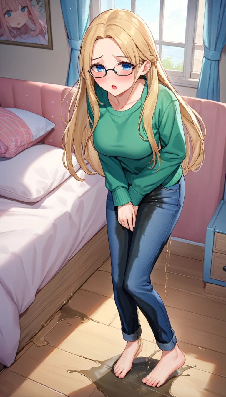 ((best quality, masterpiece:1.3, 8K)), (detailed), highly detailed face and skin texture, detailed eyes, bedroom, bed, window, full body, standing, slender body, 1girl, 25 years old, white skin, blue eyes, bright lips, scared, worried, embarrassed, panicking, blond hair, straight hair, long hair, (forehead:1.0), blue eyes, (reading glasses:1.2), green sweater, hard nipples, jeans pants, skinny jeans, blue jeans, barefoot, peeing jeans, peeing pants, pee stain, (wetting herself:1.5, desperation:1.5),