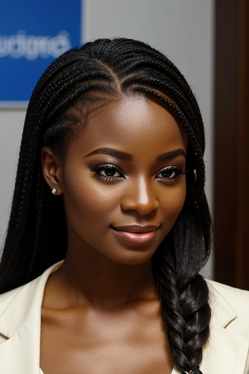A gorgeous beautiful black woman, beautiful silhouette, bonitas + kind lips+Businessman Tresse) are in a company . very realistic Ivorian communications manager