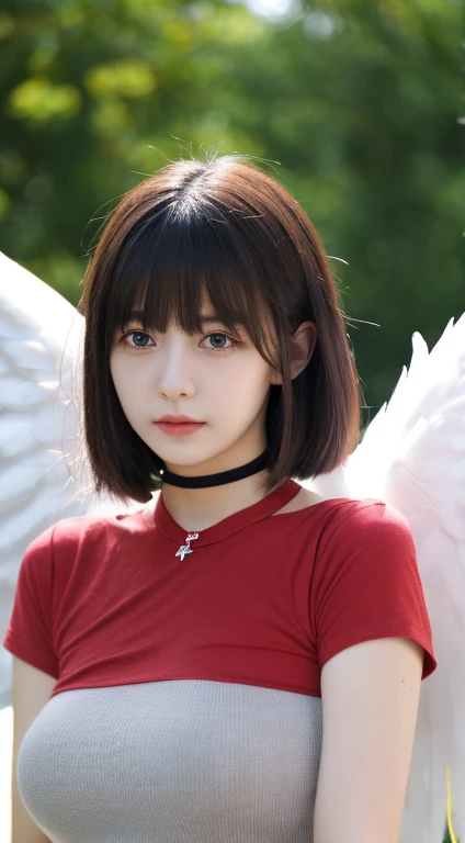 Mikasa, 19 year old young woman, as an angel, Best quality, High resolution, Short hair, Black eyes, see viewer, red tshirt, wearing Choker Necklace Bondage, Highest quality, high resolution