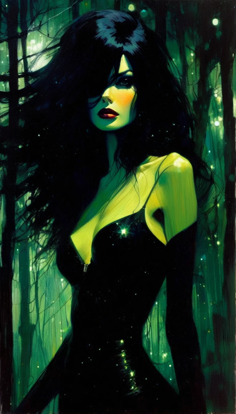 sexy black hair girl, dark forest, sinister, stars, background, (art inspired in Bill Sienkiewicz). oil painting)
