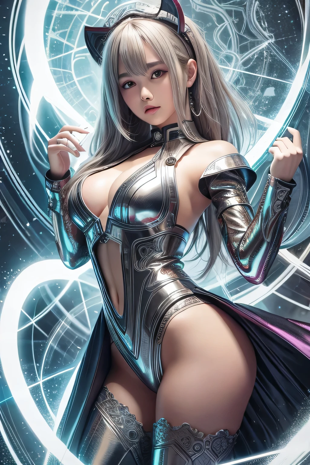 cyborg, girl, beautiful girl, cute, sexy, strong, thin, delicate, smile, (Lolita Costume), High Leg, metallic, Ultra Color, Paisley, headgear, Mandala, Near future, heaven, Angel, Fater, wing, Helix lamp