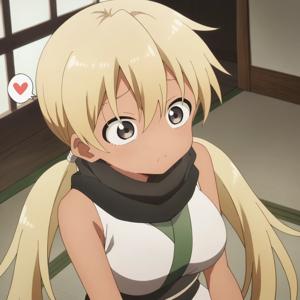 1girl, solo, asagao, long hair, breasts, bangs, blonde hair, large breasts, hair between eyes, bare shoulders, twintails, very long hair, japanese clothes, sleeveless, dark skin, kimono, scarf, dark-skinned female, grey eyes, bare arms, low twintails, black scarf, sleeveless kimono,score_9, score_8_up, score_7_up, score_6_up, score_5_up, score_4_up , anime coloring ,nsfw, sex,1girl, spoken heart, doggy