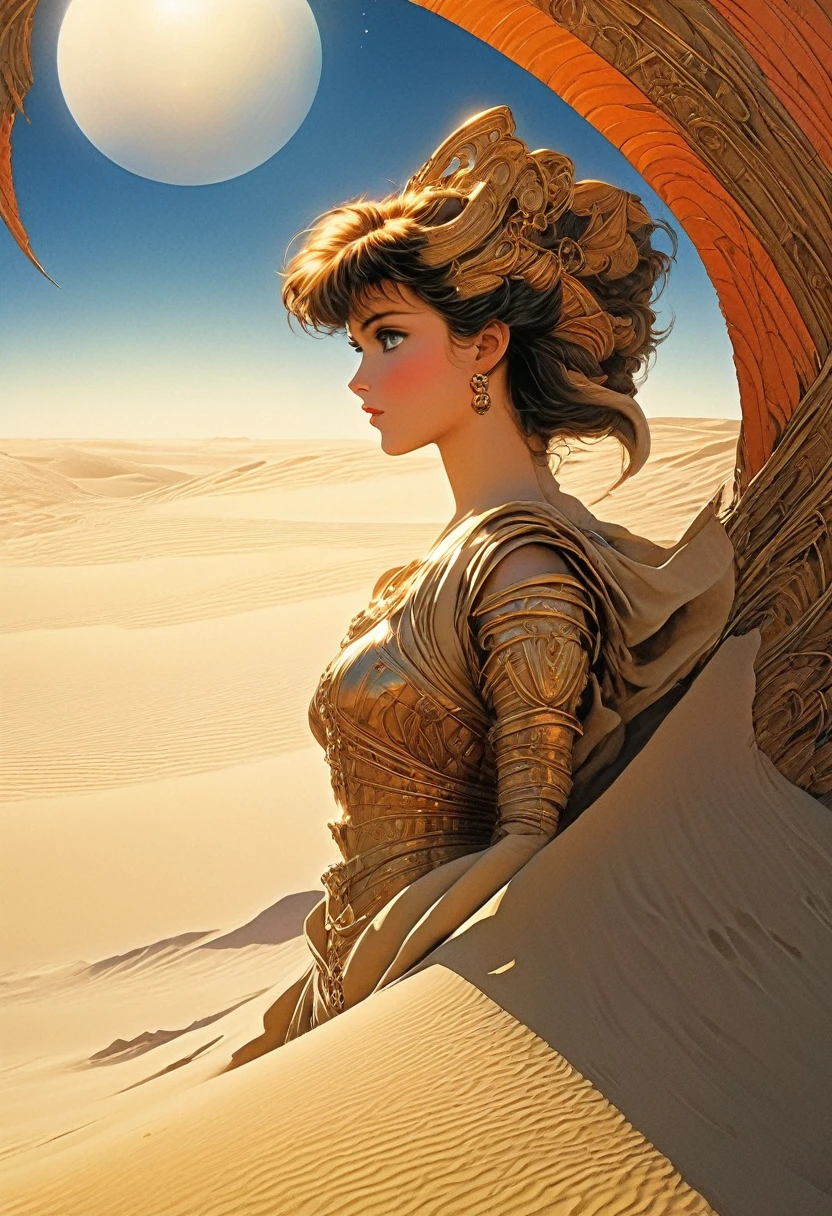 ery best quality, masterpiece , a very retro vintage kinda look feel 8K,High HD,higher rselutionHigh quality very anime semi realism From Frank Herbert;s Dune world Show a young strong powerful looking handsome youvng man a young very lovely woman i with a exotic foreign otherworld feel look really looking like from Frank Herbert' s Dune bright vibrant richintricate somewhaty elaborate detaile defined looking intricake highly detailed crystal clear sharp striking very foreign exotic but real like bringing Frank Herbert's Dune world and universe to life