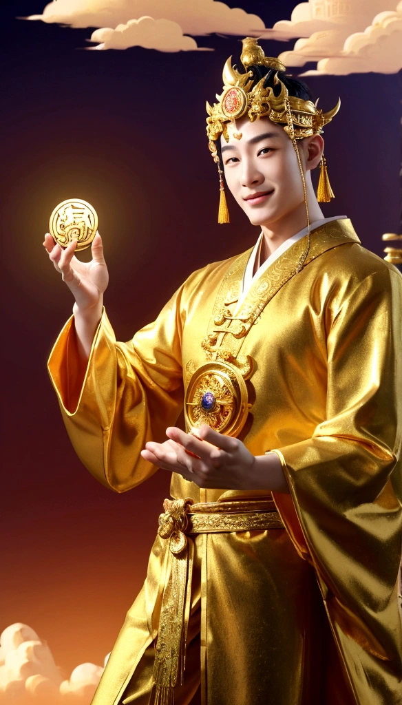 Smile Charity，Chinese God of Wealth holding a pile of gold coins，Classical Gold God of Wealth，Dressed in gorgeous dragon robes，Holding a gold ingot，Stepping on the auspicious clouds，Behind is the magnificent palace，Surrounded by gold and silver treasures，Meaning of wealth and good fortune，The picture is bright and eye-catching。