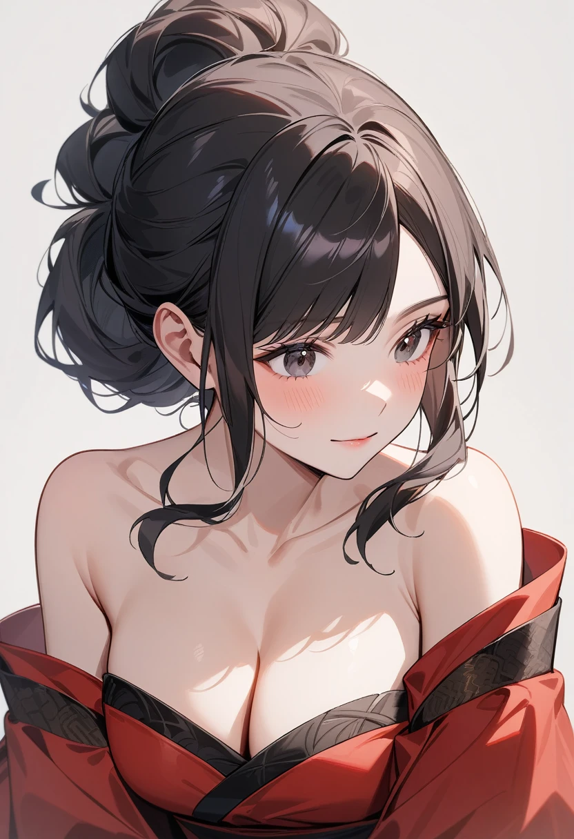 A thirty-year-old woman,Black long hair,Hair up,Red Hanfu,Cleavage,Beautiful black eyes,Bare shoulders,Extremely detailed,high resolution,Simple background