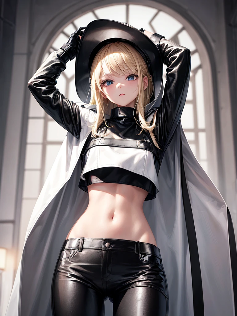 A blonde girl, pretty girl, standing, wearing black leather crop top, wearing black leather pants, wearing white long overcoat, wearing a white cap on head, pretty, blonde girl, full view, beautiful