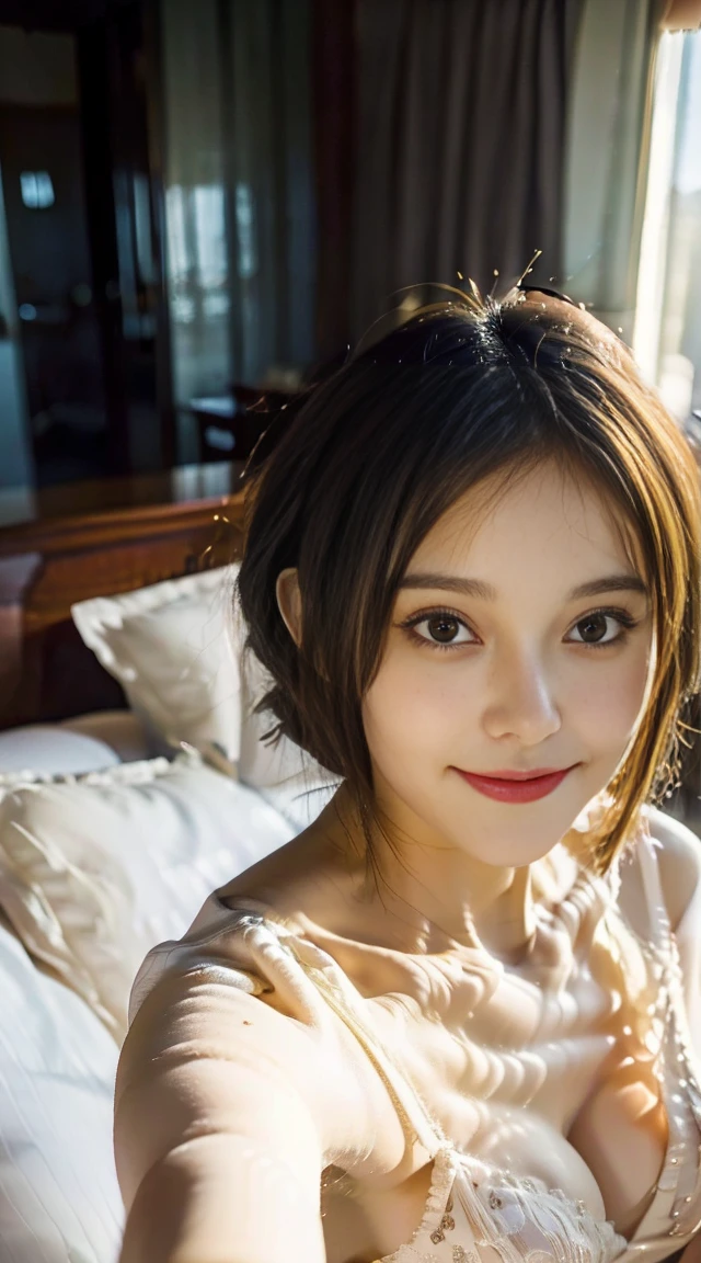 A woman, nestled in the plush, white linens of her hotel bed, captures a serene (selfie:1.8) just after waking up. She’s wearing a soft, silk nightgown, with the morning light filtering through sheer curtains behind her. Her expression is peaceful, with a subtle smile, embodying a relaxed start to the day. The opulent headboard and the fluffy pillows frame her, highlighting the luxury of her surroundings