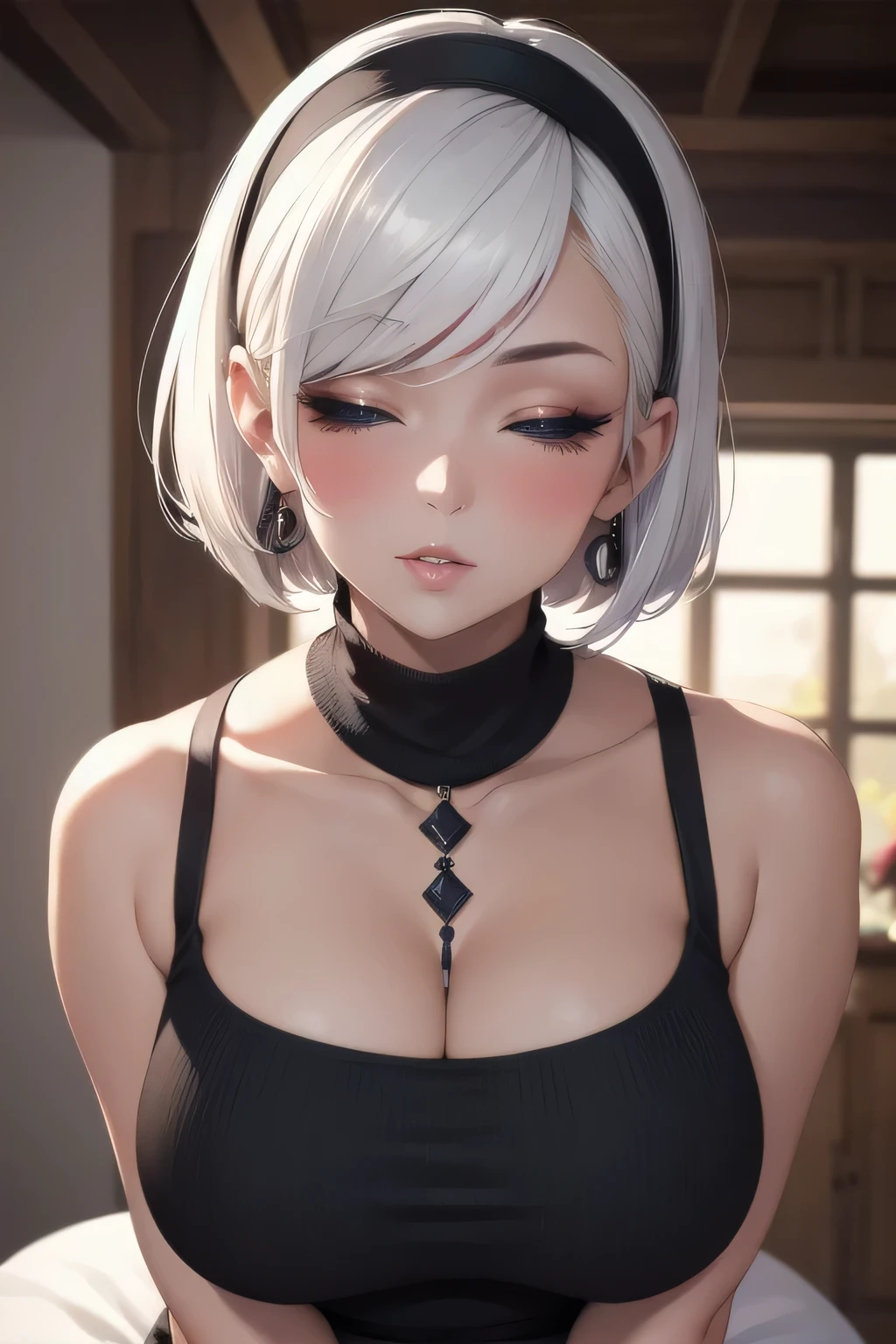 Amazing portrait of a sexy woman with a beautiful face emphasized by amazing makeup and beautifully detailed eyes with perfect lips wearing her short black hair in a bob with a white hairband blushing intensely as she's flustered and lustful wearing some elegant earrings and a black sleeveless sweater accentuating her medium chest paired with a cream skirt that accentuates her thick curvy body making her look hot with vibrant colors and soft lighting