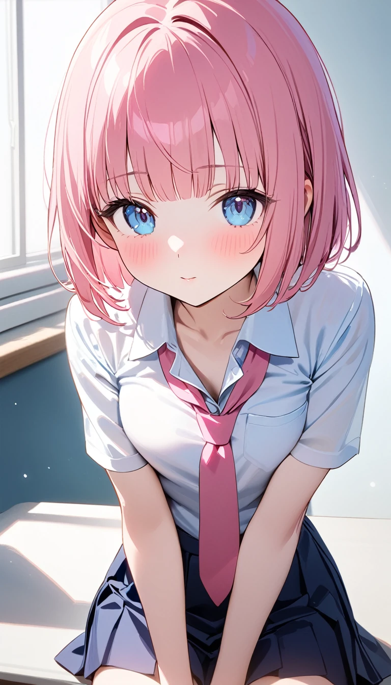 (1 girl),(Best Picture Quality, 8K, Masterpiece:1.3), (high school student:1.5), (pink lob hair), ((bob cut)), (blunt bangs), (slant skyblue eyes), ((school uniform, white short simple sleeve shirt, darkblue skirt, pink tie)), (super clear:1.5), (glistening skin:1.1),(pale skin:1.1)