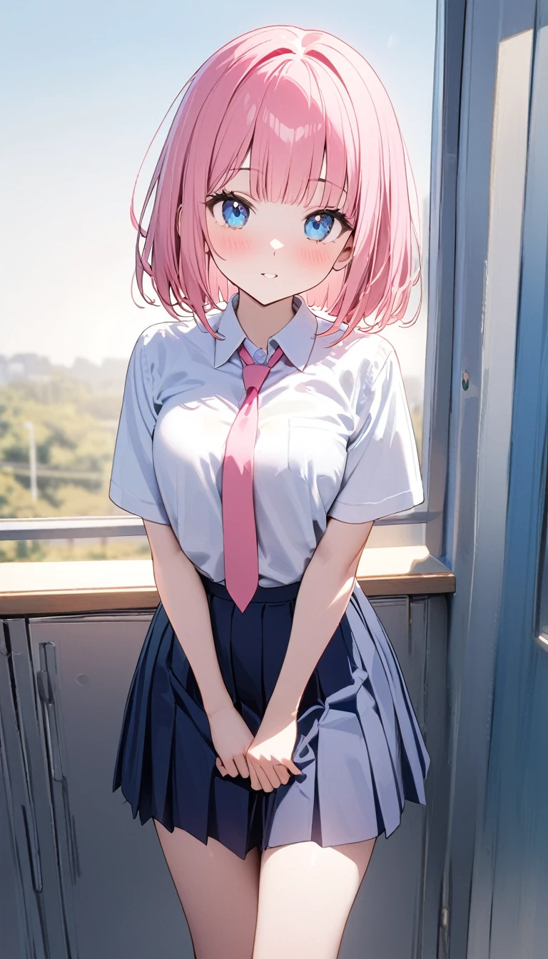 (1 girl),(Best Picture Quality, 8K, Masterpiece:1.3), (high school student:1.5), (pink lob hair), ((bob cut)), (blunt bangs), (slant skyblue eyes), ((school uniform, white short simple sleeve shirt, darkblue skirt, pink tie)), (super clear:1.5), (glistening skin:1.1),(pale skin:1.1)