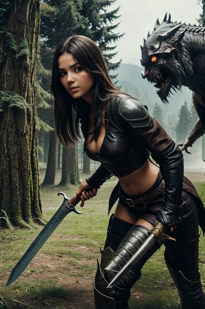 A beautiful girl killing a monster with a sword in her hand