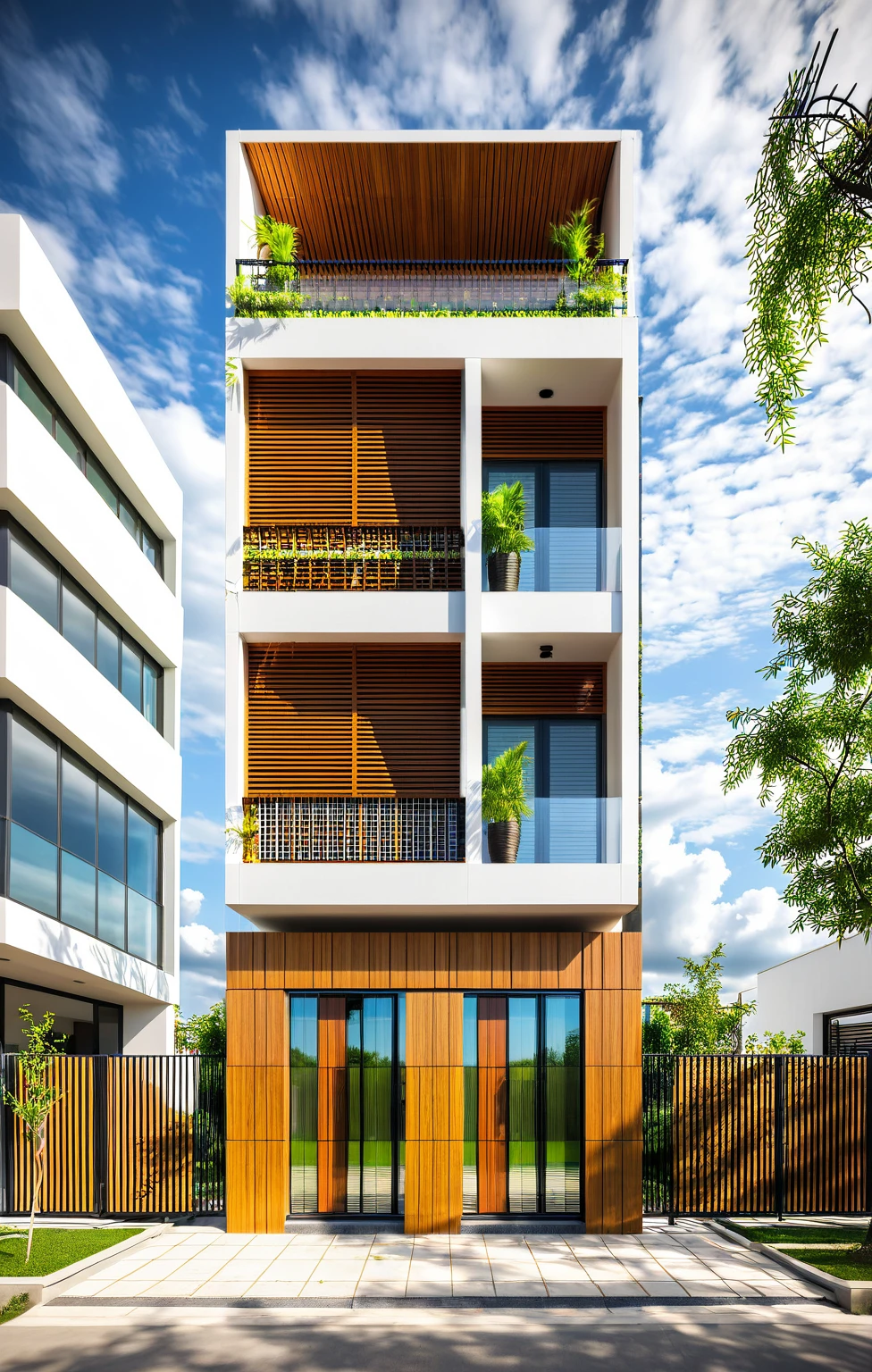 townhouse, (modern style:1.2), exterior design, perspective view, (white wall:1.3), wooden ceiling, open roofs, (block sidewalks and asphalt roads), (real sky background), Low trees around the house, overall peaceful atmosphere cinematic photo, (Neutral lighting is suitable for the modern villa, light color thermometer lighting), (architectural design visualization), (reflection), (focus on object), (material normal bump real reflection), (scattered light), (light ray), (multi-beam light), (sunbeam) (multi-level reflection), (corona software visualization render:1.2),(((Best Quality))), ((Masterpiece)), ((best illustration)), ((best shadows)), ((Super Detail)), (Intricate lines), (Photorealism),(hyper detail), ((archdaily)), ((award winning design)), (dynamic light), ((day)), spotlight, (perfect light), (shimering light), ((photorealistic)), ((intricate detail)), ((extreme detail)), ((science)), ((hyper-detail)), ((super detail)), ((super realistic)), ((crazy detail)), ((octane render)), ((Cinematic)), ((trending on artstation)), ((High-fidelity)), ((Viwvid)), ((Crisp)), ((Bright)), ((Stunning)), ((Eye-catching)), ((High-quality)),((Sharp))((Bright)), ((Stunning)), ((natural sun environment)), ((Eye-catching)), ((Illuminating)), ((Flawless)), ((High-quality)),((Sharp edge render)), ((medium soft lighting)), ((photographic render)), ((detailed archviz)), ((reality environment)), (modern townhouse design architectural design facade), (modern townhouse facade roof design), (modern townhouse facade wall design), (modern townhouse facade decoration material design) (townhouse facade door and window design modern), (environmental lighting design), (modern townhouse facade lighting design), (modern townhouse front gate and fence design), (tree decoration design for townhouse facade), (Design lights for gate posts and fences), (townhouse facade railing design)