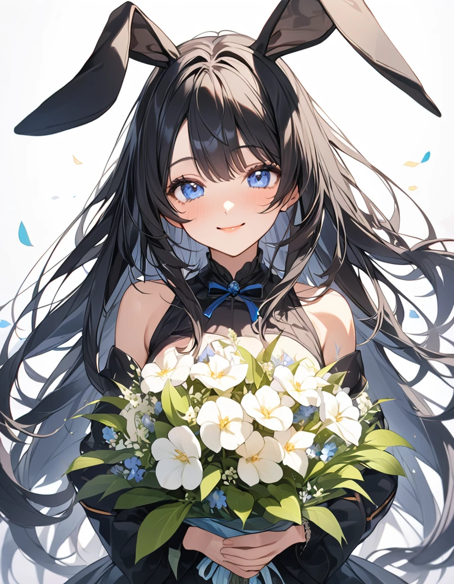 (Highest qualityのイラスト、Simple white background:1.2), (pretty girl:1.1), (1 girl、、), (1 girl、Kind eyes、blue eyes)、Black Hair、Semi-long hair、bangs、(Highest quality、Very detailed、Ultra-high resolution) 、Black Hairの美少女、smile、Bunny girl、Bunny ears、Black leotard、Larger breasts、holding a big bouquet、Upper Body
