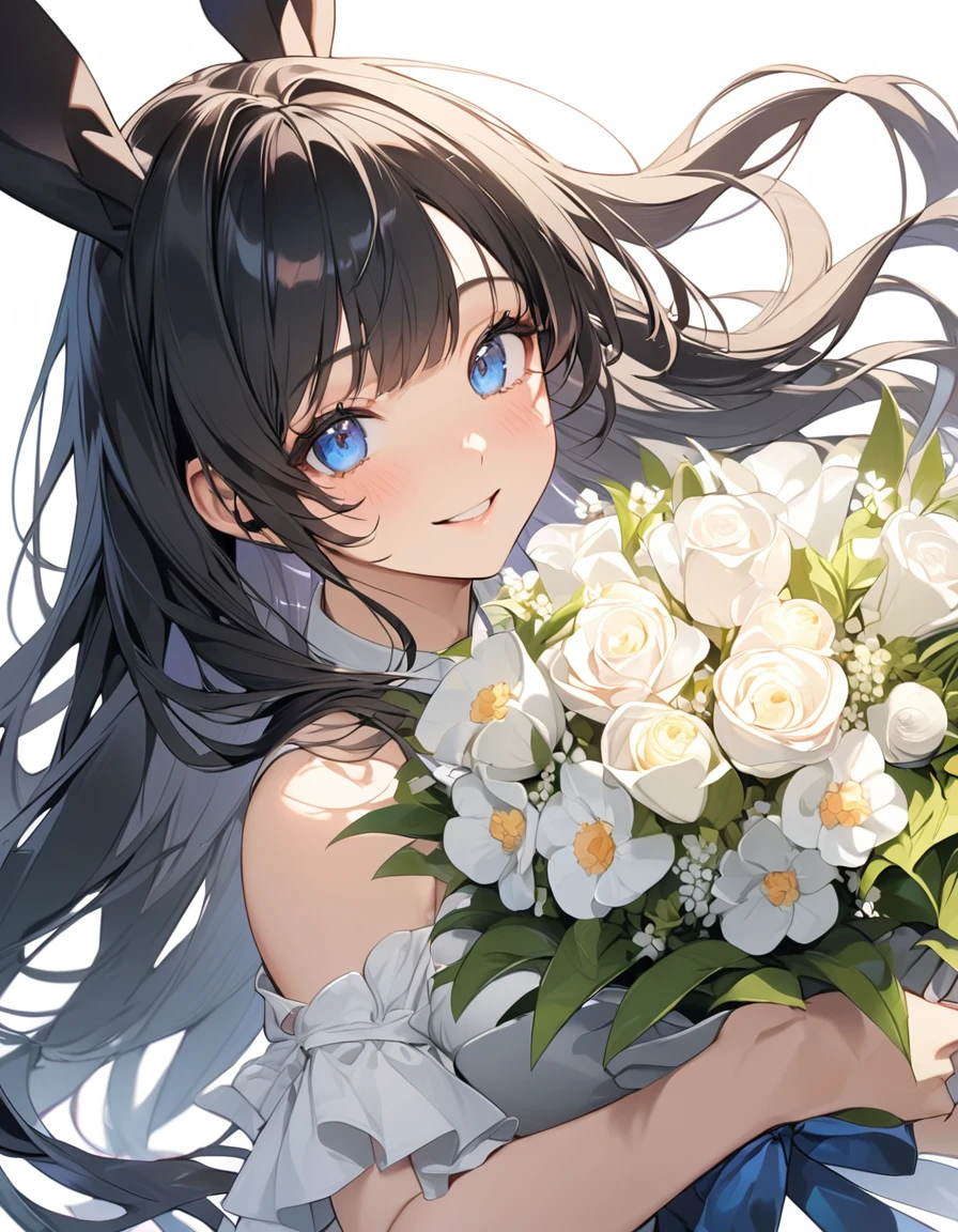 (Highest qualityのイラスト、Simple white background:1.2), (pretty girl:1.1), (1 girl、17 years old、), (1 girl、Kind eyes、blue eyes)、Black Hair、Semi-long hair、bangs、(Highest quality、Very detailed、Ultra-high resolution) 、Black Hairの美少女、smile、Bunny girl、Bunny ears、Black leotard、Larger breasts、holding a big bouquet、Upper Body
