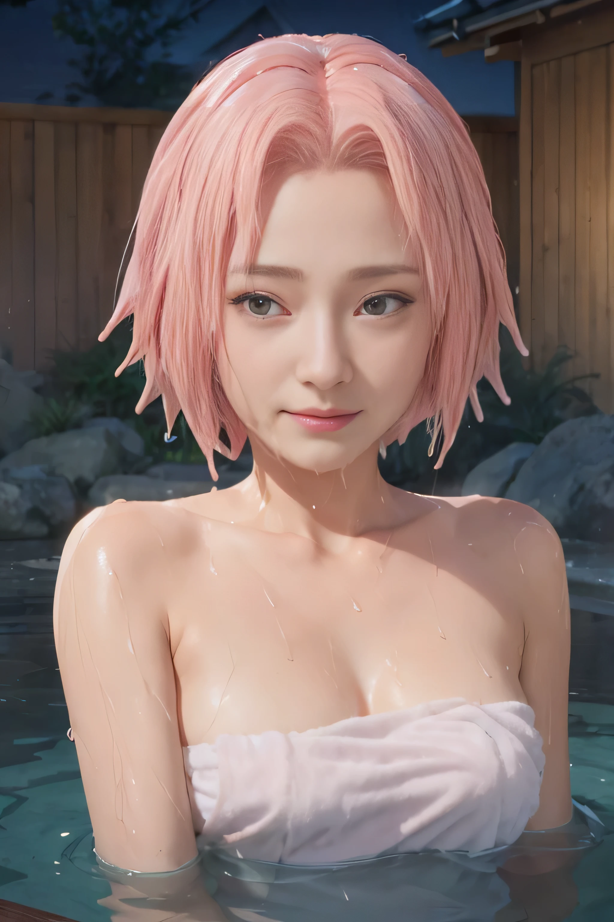 (nude :1.50),(Pink Hair :1.3),最high quality、high quality、Best image quality、8k、最High resolution、High resolution、最high quality、masterpiece、Detailed and realistic human body、Detailed and realistic skin、Realistic face in every detail、Realistic reproduction of every detail、Detailed and realistic lips、Detailed and realistic teeth、Detailed and realistic ears、Detailed and realistic hair、Detailed and realistic weapons、Realistic reproduction of every detail、Realistic fingers in every detail、(Beautiful Hands、thumb１reference４)、Realistic feet down to the last detail、((Beautiful Japanese Girl))、(Japanese Model), (Japanese women)、((18 year old beautiful girl))、(Black Hair)、(Random hairstyle)、((whole body))、((Beautiful upturned breasts))、(Slim Style、Slim fit)、(whole body光沢肌、Fair skin)、((A small white towel is wrapped around the body....))、((Thin towel(Her skin is visible through the wet towel))、(Soft natural light)、((Deep in the forest(Natural hot springs gush out))、((Hot springs surrounded by rocks))、((deep bathtub(deep hot spring))、((Onsen Girls))、((Enter the hot spring))、((A woman warming herself in a hot spring))、((Relax in the hot springs))、((Soak in a hot spring))、((腰までSoak in a hot spring))、((in hot spring water、Sit with your butt down))、((Sit on your knees in the hot spring))、((Soak in a hot spring))、((Kneeling in the hot spring))、((Immerse yourself in hot spring water up to your shoulders))、((A lot of steam rises from the hot spring..))、((Extremely clear hot spring water))、((The main body seen from the water surface))