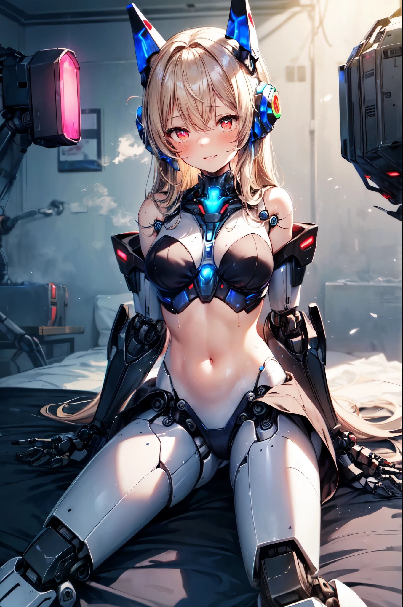 an extremely delicate,
(beautiful robot 1girl:1.5),
break,
8k,
best quality,
masterpiece,
ultra hires,
ultra detailed,
super fine illustration,
break,
(sexy pose:1.2),
(looking at viewer),
full body,
dark bedroom,

night,
bloom,
glowing,
rim lighting,
Cinematic Lighting,
moody lighting,
break,

(solo:1.2),

college age,
perfect female body,
sitting on bed,
wariza,
spread legs,
(shiny blonde hair),
long hair,
big hair,
fluffy hair,
air bangs,
long bangs between eyes,
boyish face,
(red cyborg eyes:1.2), (glowing eyes:1.4),
(constricted pupils:1.3),
(smile:1.2),
(embarrassed, hapiness, blush:1.2),
(steam:1.1),
(wet:0.8),
(trembling:0.8),
(tears:0.8) ,
(drooling:0.7),
(sweat:1.1),
(parted lips:1.3),
(half open eyes),
(feeling weak:1.3),
(bare thighs:1.4),
(bare shoulders:1.4), (bare navel:1.4),
doll joints,
small breasts,
break,
white body,

(pale pink power button),
(mech ear:1.5), (mech headgear:1.5),