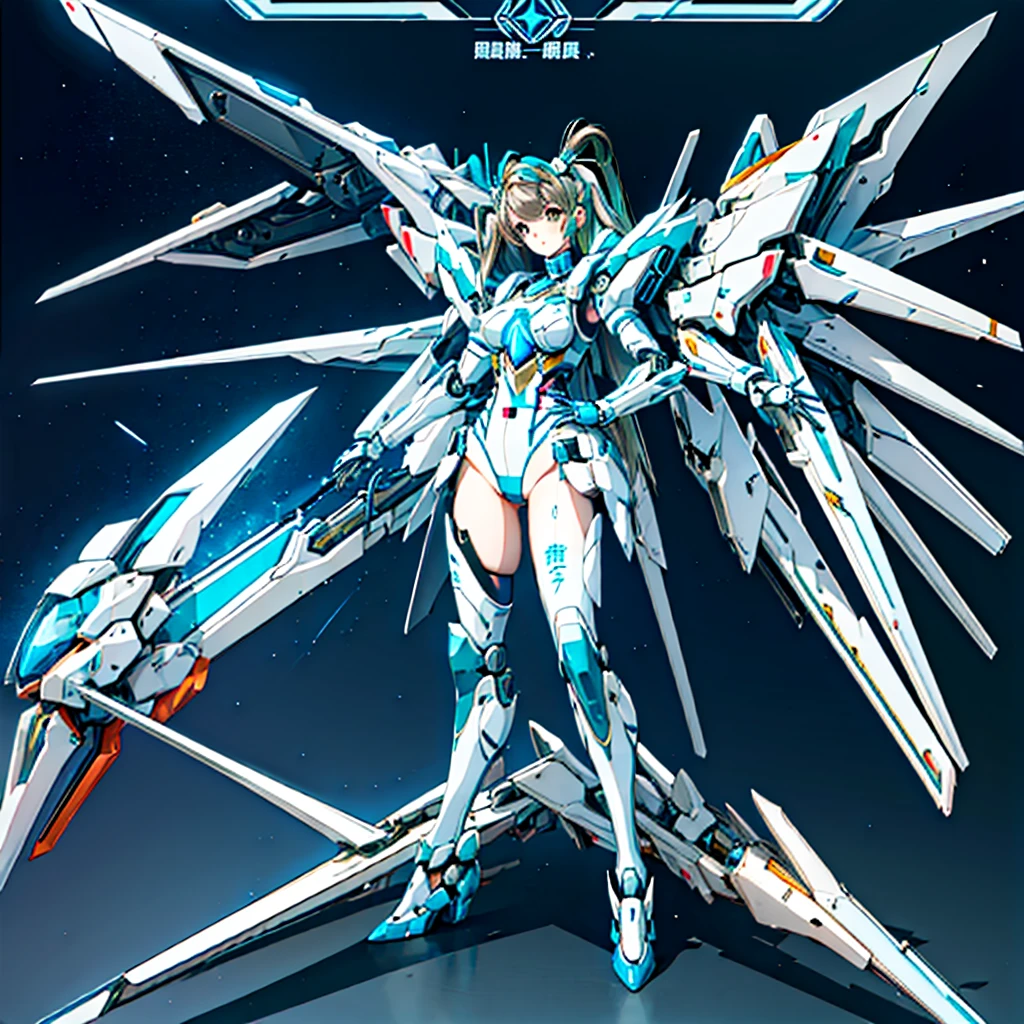 masterpiece, high quality, Mecha body cyborg、Gynoid Cyborg Body、The face is of Minami Kotori.、mechanical parts、Blue and white leotard armor、solo focus、Single image、from front, full body、Mechabare、The body is destroyed, exposing the precision machinery、Black background