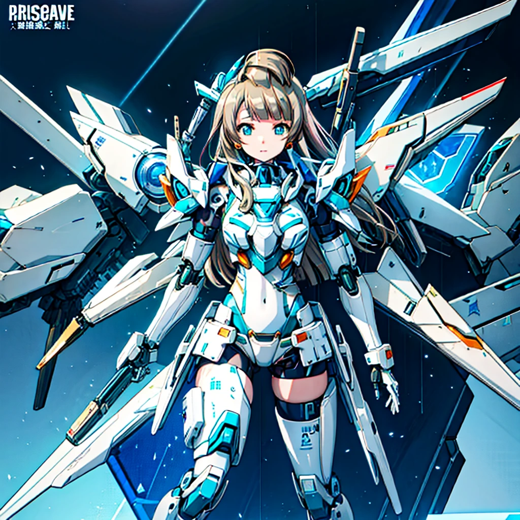 masterpiece, high quality, Cyborgization、Destroyed gynoid cyborg body、The face is of Minami Kotori.、mechanical parts、Blue and white leotard armor、solo focus、Single image、from front, full body、Mechabare、The body is destroyed, exposing the precision machinery、Barcode on thigh、Inside the Institute、The repair being carried out