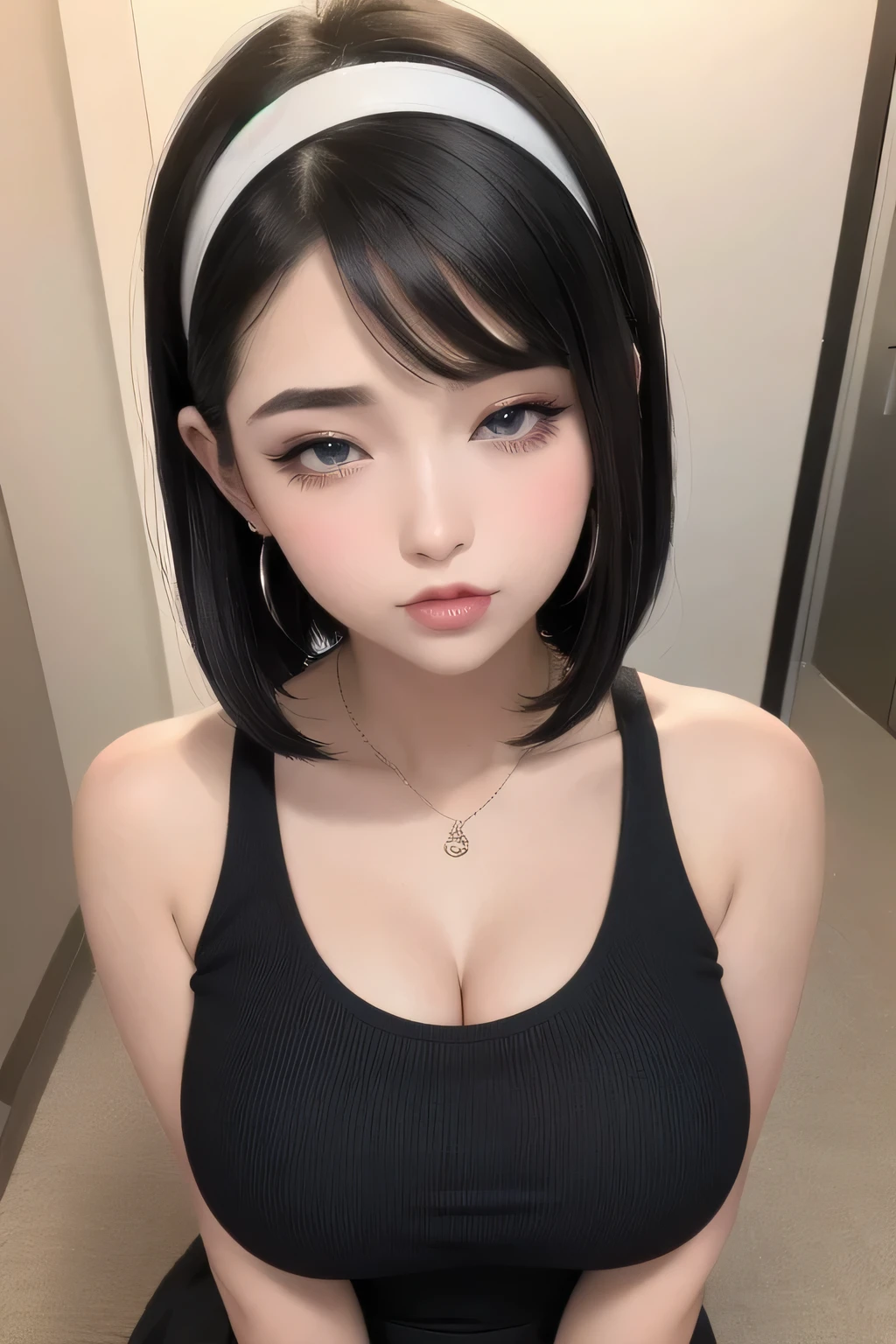 Amazing portrait of a sexy woman with a beautiful face emphasized by amazing makeup and beautifully detailed eyes with perfect lips wearing her short black hair in a bob with a white hairband blushing intensely as she's flustered and lustful wearing some elegant earrings and a black sleeveless sweater accentuating her medium chest paired with a cream skirt that accentuates her thick curvy body making her look hot with vibrant colors and soft lighting