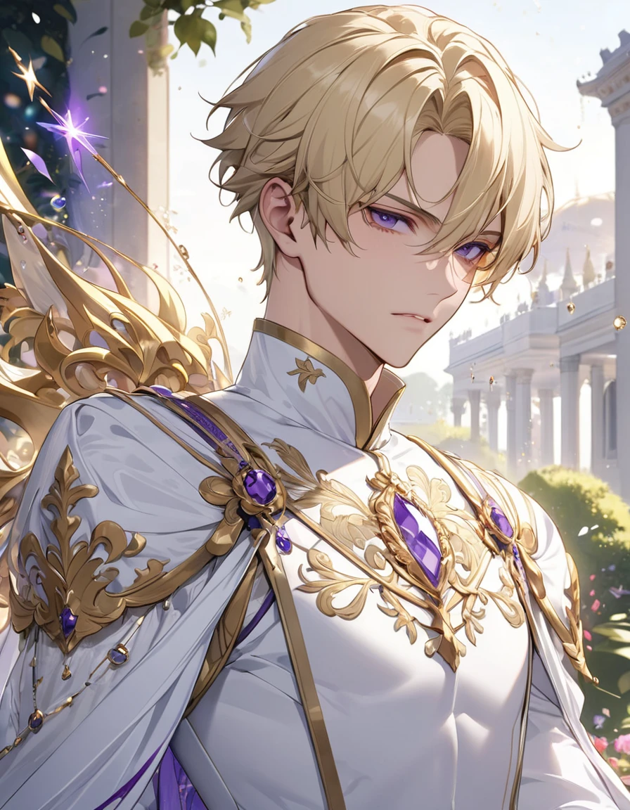 masterpiece, Top quality动漫插图, Very detailed, Extreme details, 16K, 2.5D, delicate and dynamic, 1 male youth, 25 years old, Blonde short hair, Purple Eyes, Proud Prince, Finely minced bangs, Attractive appearance, Cold expression, Optimal body proportions, Dressed in gorgeous white clothes and golden accessories,  glitter effects, Royal Palace Gardens + background, Top quality, Rich details, Perfect image quality