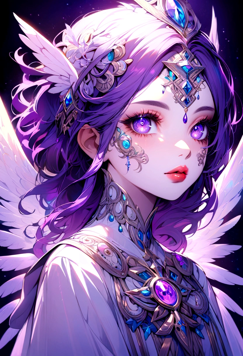 detailed portrait of a girl with purple hair and purple eyes, beautiful detailed eyes, beautiful detailed lips, extremely detailed face, long eyelashes, angelic wings, holy light, magical symbols, vibrant colors