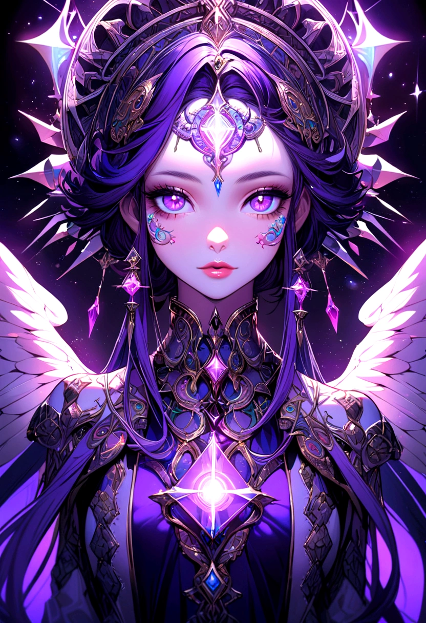 detailed portrait of a girl with purple hair and purple eyes, beautiful detailed eyes, beautiful detailed lips, extremely detailed face, long eyelashes, angelic wings, holy light, magical symbols, vibrant colors