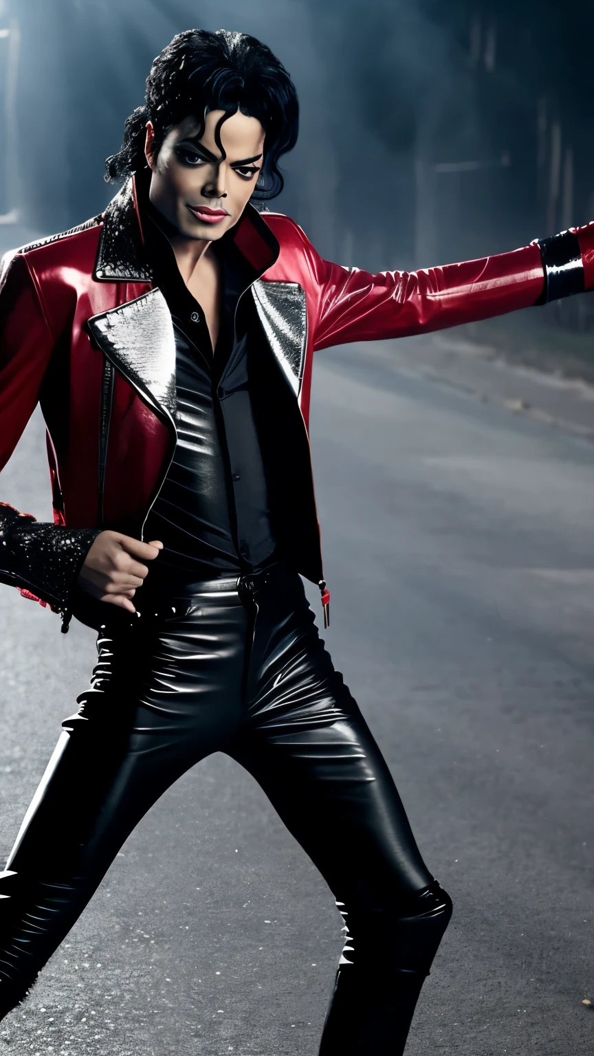 Generate an image of Michael Jackson wearing a red leather jacket, black tights and shiny black shoes, like in the clip "thriller". He's in an iconic dance pose, with a determined facial expression.