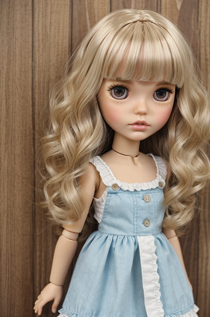 make a blythe doll, with bangs and short, slightly fluffy wavy hair, also that rock, who likes soft makeup and dresses feminine, be white skinned 