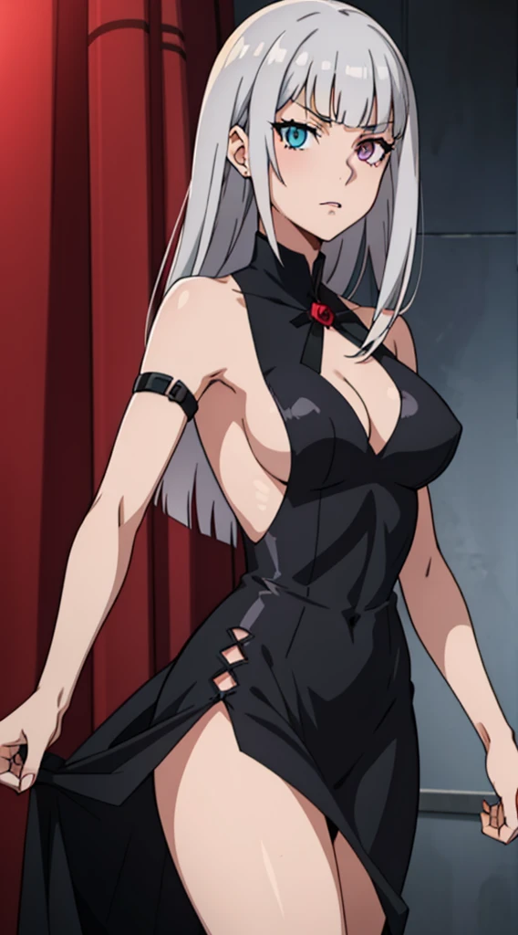 Anime girl, prettify, femme fatale, noir, detective, dress, reasturant,shadow, silver hair, heterochromia eyes,her  left eye is gray, her right eye is red rose, straight hair, straight hair cut and straight blunt bangs, strictly straight cutted bangs, hime hairstyle