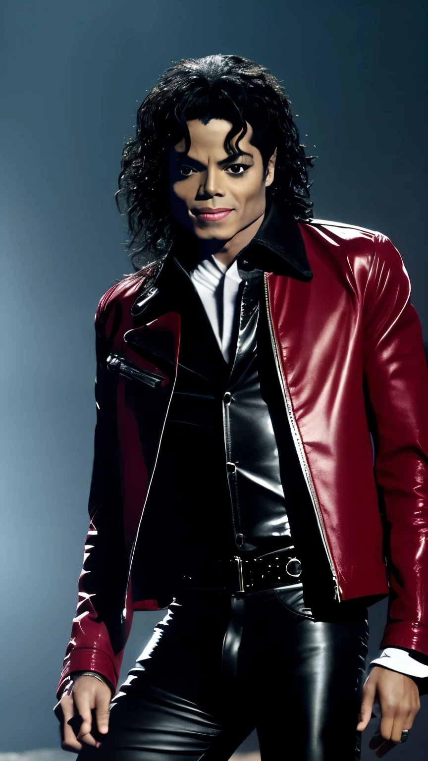 Generate an image of Michael Jackson wearing a red leather jacket, black tights and shiny black shoes, like in the clip "thriller". He&#39;s in an iconic dance pose, with a determined facial expression.
