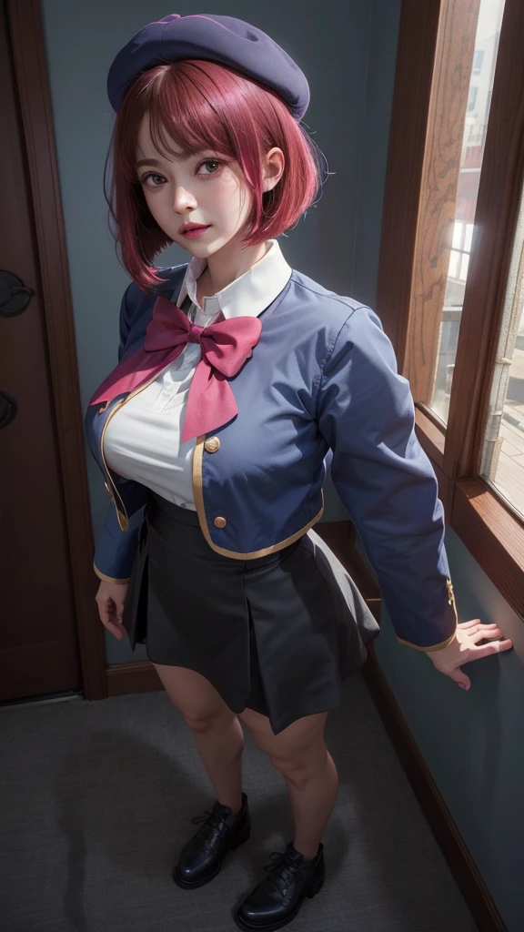 Top quality, 8k, 32k, Masterpiece, photorealistic, realistic, (photorealistic:1,4), solo, slight smile, dramatic lighting, professional makeup, breasts, (natural big breasts: 1.3), (seductive), beautiful white face shining, beautiful face, pink cheeks, beautiful lips, porcelain skin, detail intricate, super detailed, super high, highest detailed, high detailed, delicate, incredible detailed, fine detailed, cinematic lighting, top quality, smooth and beautiful, CG, unity, 8k wallpaper, Stunning, fine detail, unity CG wallpaper 8k ultra-detailed, large file size, masterpiece, best quality, highres, aakana, aakana, short hair, beret, red eyes, blue headwear, red bowtie, collared shirt, blue jacket, open jacket, long sleeves, grey skirt, standing, idle, full body, portrait