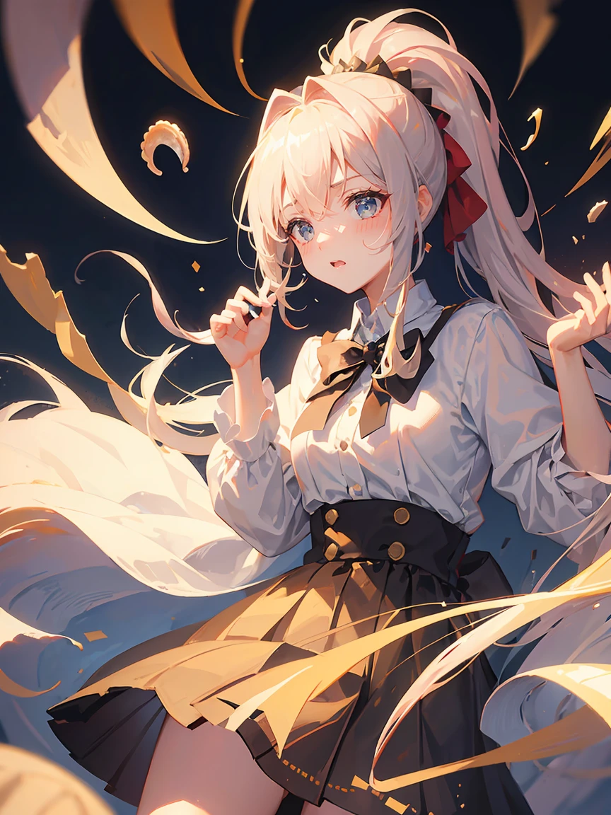 20 year old pretty girl, oyster hair, sugar cookie color eyes, have ponytail hairstyle on her head, silky hair, all body, wear a shirt and a skirt, deep shadow quality, no glitches on image, no override, 16k quality, >, colorful art type, best quality, super detail, advanced quality for deep shadows and background quality, masterpiece.