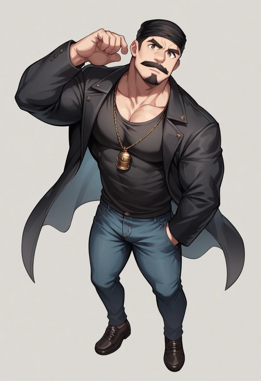 Portrait image of a young 6 feet tall boy, with a black turban on his head, 36 inches wide chest, fair complexion, black and thick beard-mustache, pink lips, brown eyes, sharp nose, 18 inch biceps, with black t shirt, Above black jacket and below black bell bottom jean pants and black formal shoes.